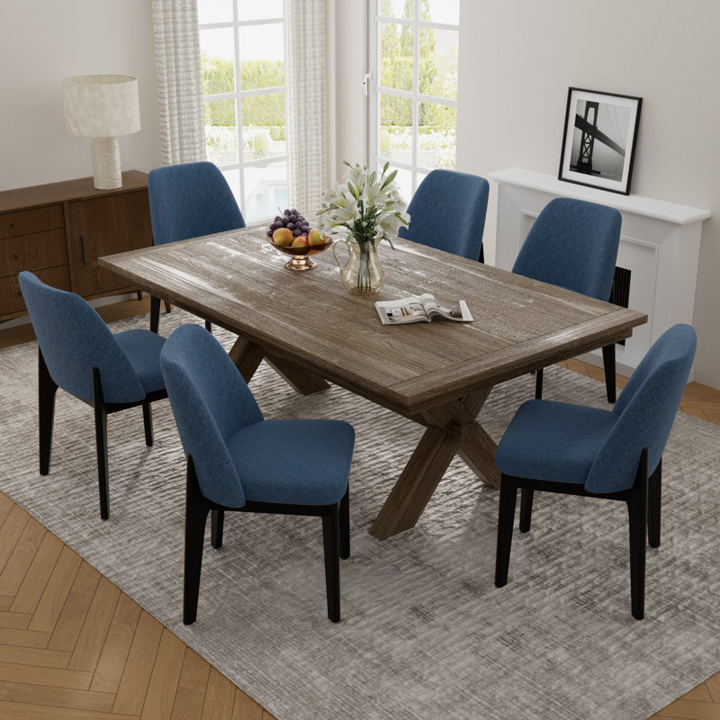 Chaise de salle à manger rembourrée en polyester 19,5 po Bason avec pieds en bois massif noir (ensemble de 6), Bleu, 6