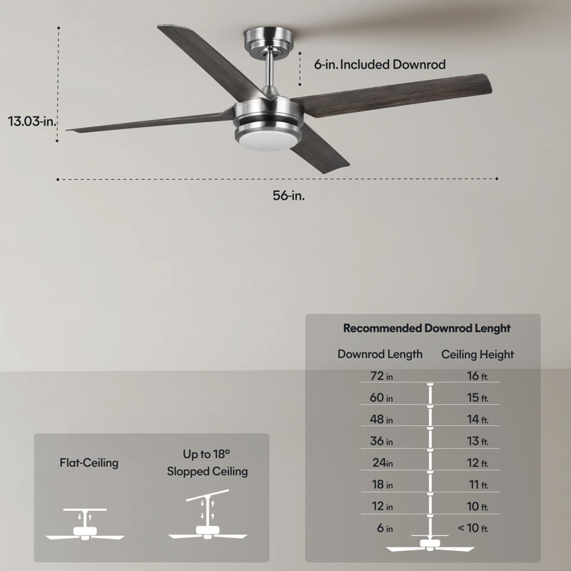 Burslem 56'' Indoor / Outdoor Ceiling Fan with Light and Remote, Color Changing LED, 6-Speed, 4-Blade, Quiet DC Motor – Brushed Nickel with Dark Driftwood Blades