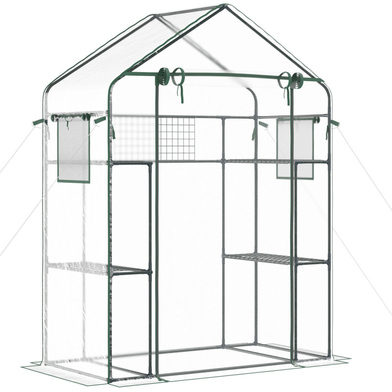 Outdoor Walk-In Mini Greenhouse With Mesh Door & Windows, Small Portable Garden Green House With 3 Tiers 6 Shelves, Trellis, & Plant Labels