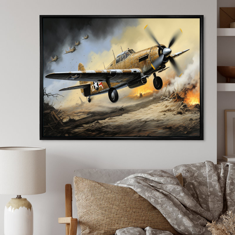 Vieux avion militaire pendant la Seconde Guerre mondiale, impression sur toile, Cadre flottant noir