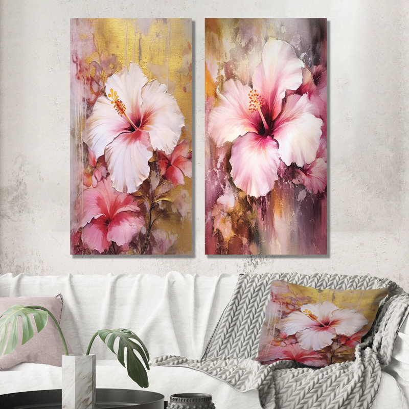 Hibiscus exotique doré et rose - Hibiscus, ensemble de 2 impressions sur toile, Toile tendue, H 28 po x l 25 po