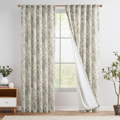 Linen Blackout Peony Flower Printed Rod Pocket Curtain Pair