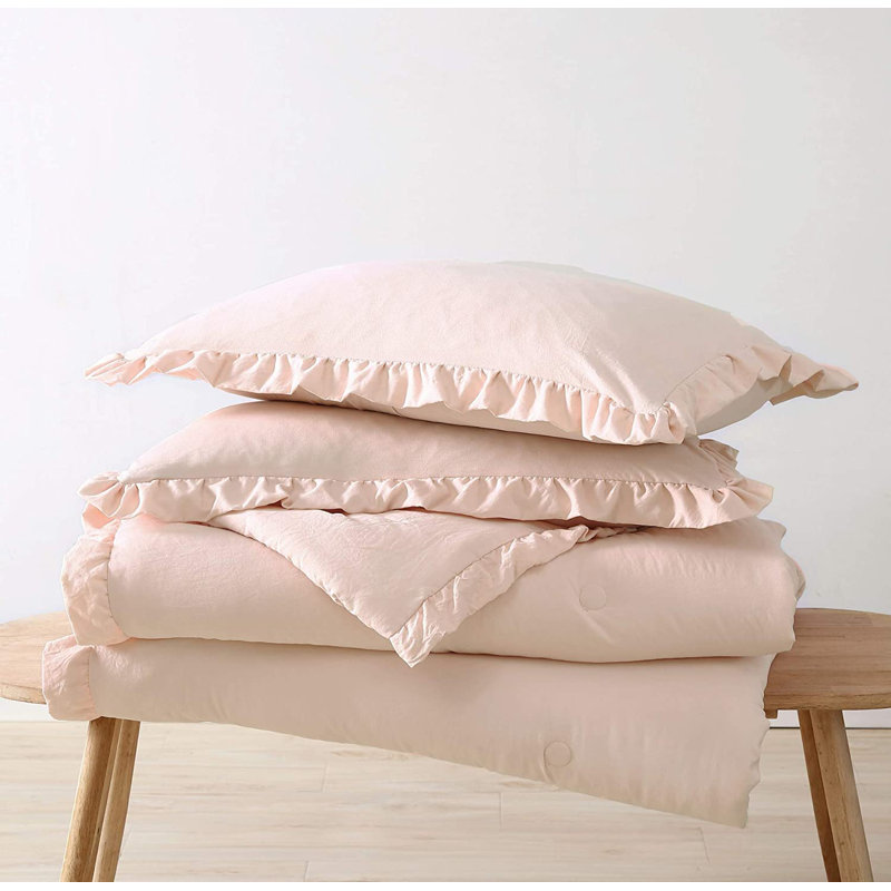 Blush Oversized Queen Microfiber Comforter Set with Ruffled Trim