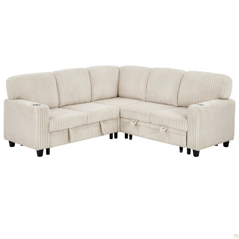 Canapé-lit modulaire en L avec lit escamotable et rangement, canapé-lit 5 places avec chargement USB, Beige