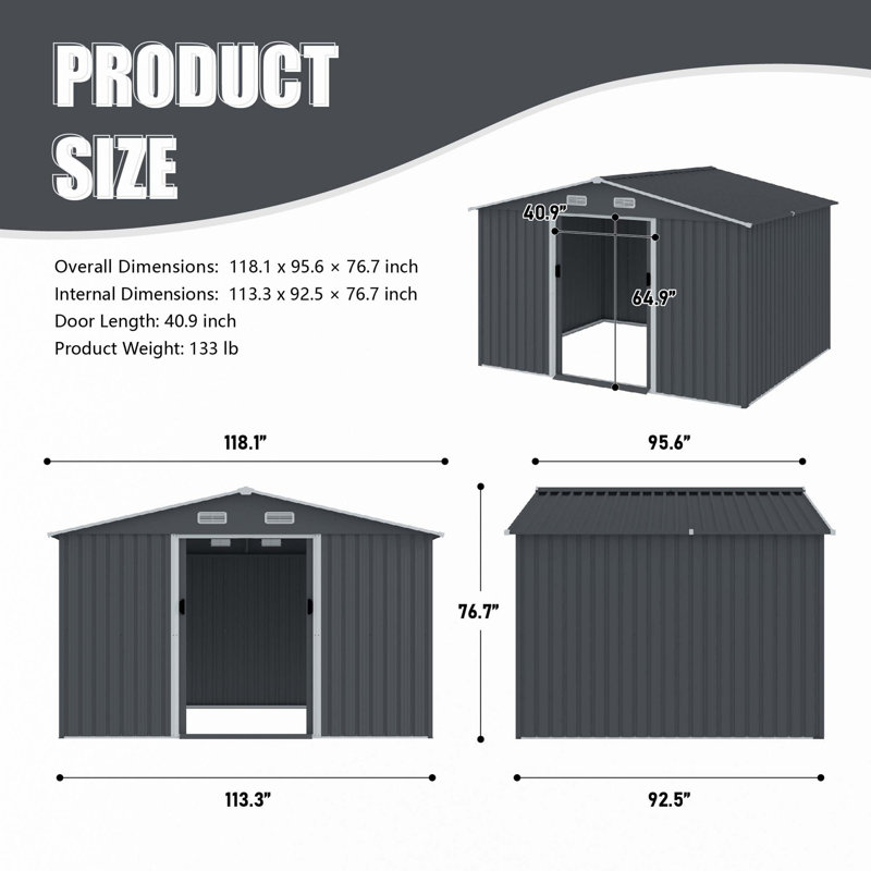 Outdoor Storage Shed 8 x 10 FT Large Metal Tool Sheds, Heavy Duty Storage House with Sliding Doors with Air Vent for Backyard Patio Lawn to Store Bikes, Tools, Lawnmowers