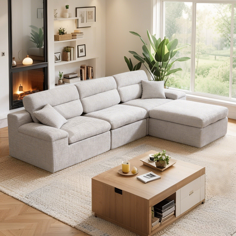 Canapé modulaire en L 110 po Chenille, Chenille gris pâle