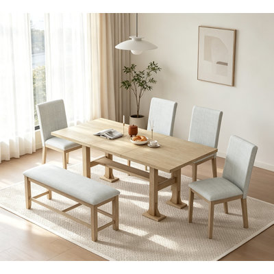 76" Farmhouse 6-Piece Extendable Dining Table Set Trestle Kitchen Table Set with 18inch Removable Leaf and Upholstered Dining Chair and Bench