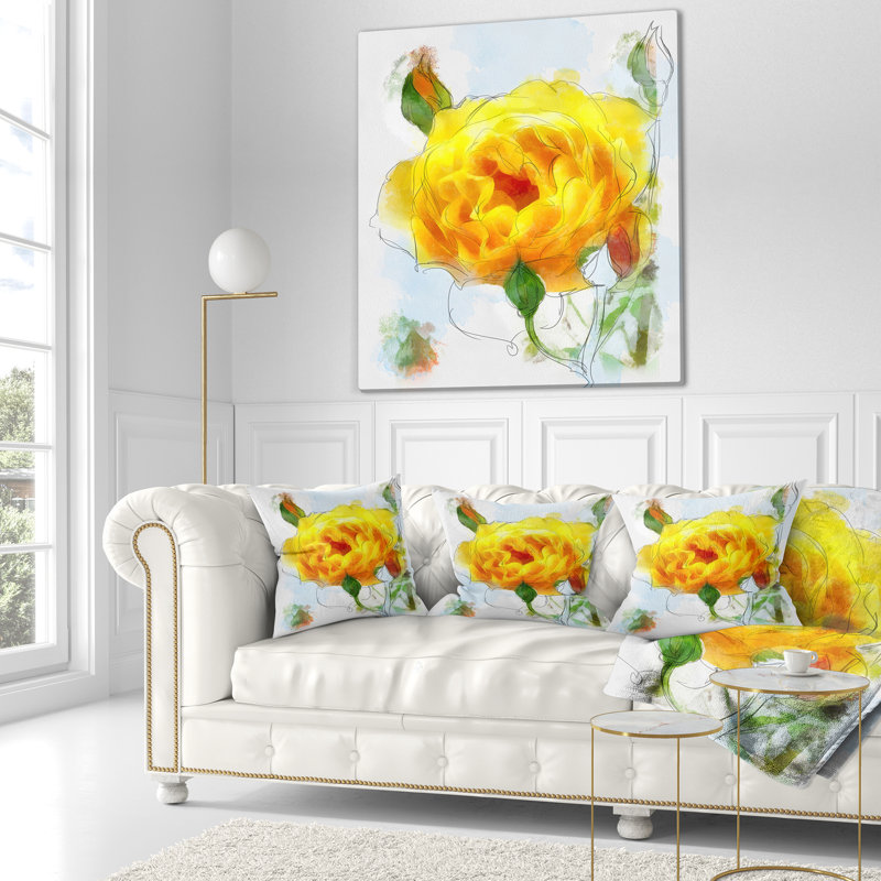 Croquis de roses jaunes avec boutons de roses - Coussin imprimé floral, 16 po x 1 po, Coussin décoratif
