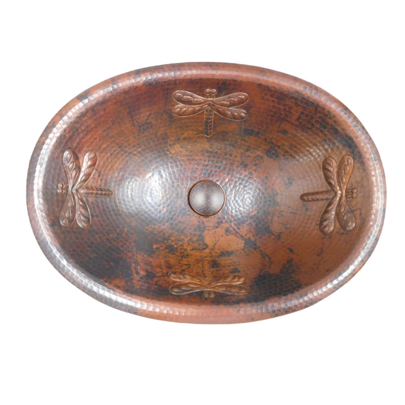 19" Oval Copper Bathroom Sink with Dragonfly Design In Rio Grande Patina, Drain Included