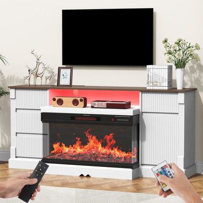 Meuble télé moderne en verre à 3 côtés avec foyer électrique, lumières DEL et rangement pour téléviseur de 80 po ou moins, parfait pour le divertissement dans le salon