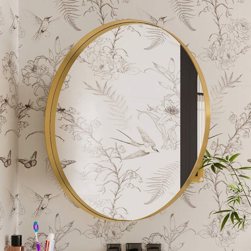 Armoire à pharmacie ronde de 31,5 pouces avec cadre en métal avec miroir et tablettes réglables pour la salle de bain, or mat, tablettes à fixation en surface plaquée or