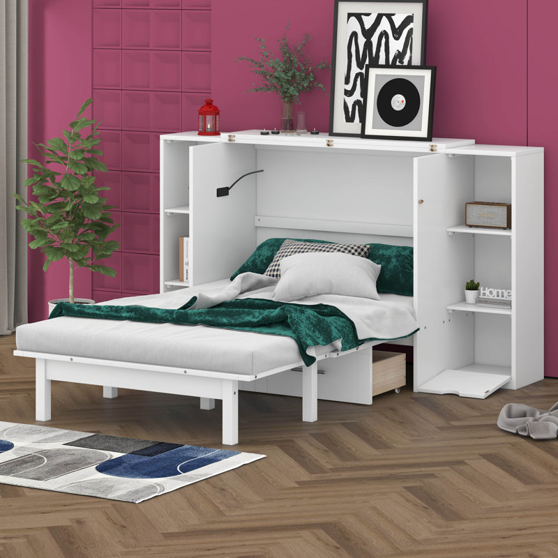 Lit escamotable avec tablettes, tiroirs et ports USB Murphy, Grand lit, Blanc