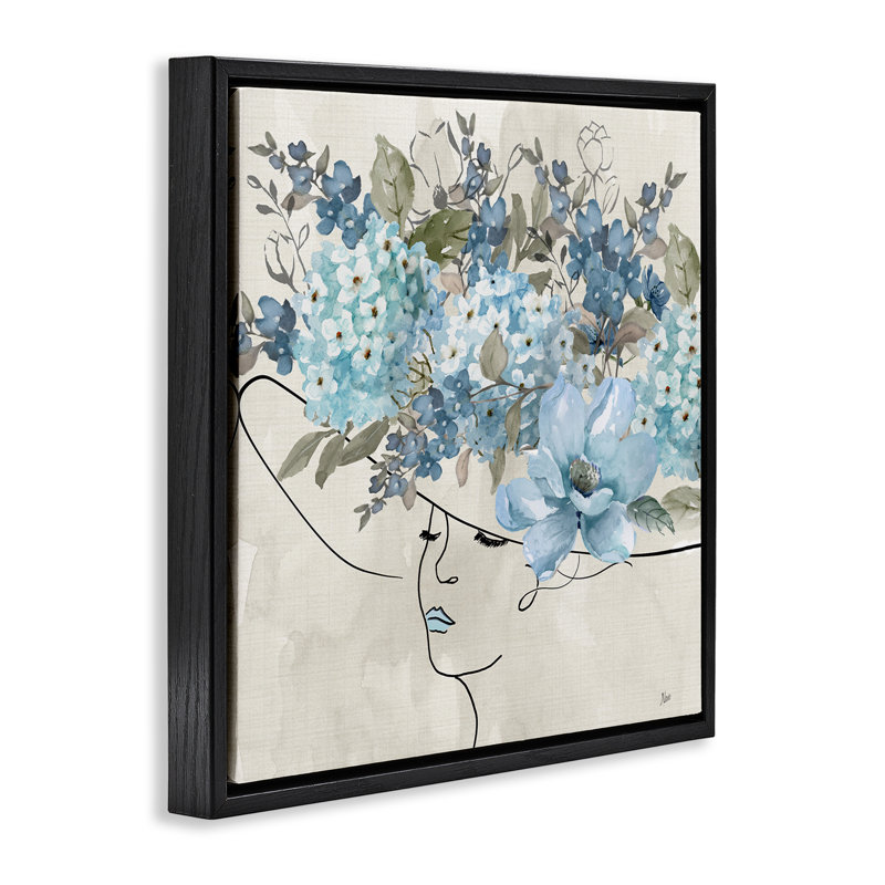 «Blue Floral Hat», encadrée par Nan, Cadre flottant noir de jais, H 18 po x l 18 po