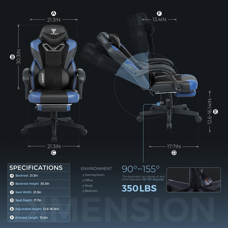 Office Game Chair With Adjustable Headrest And Lumbar Support, 90-155 Tilt And 360 Rotation., Blue/Black