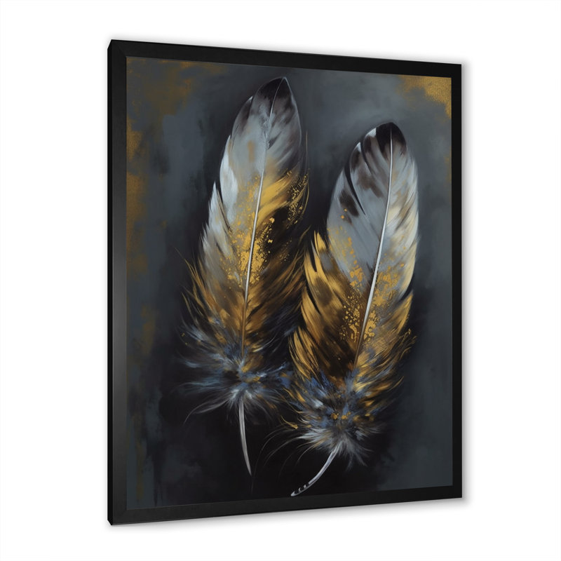 «Roumena Gold Boho Chic Feathers I», reproduction sur toile, Cadre photo noir, H 40 po x l 30 po x P 1,5 po