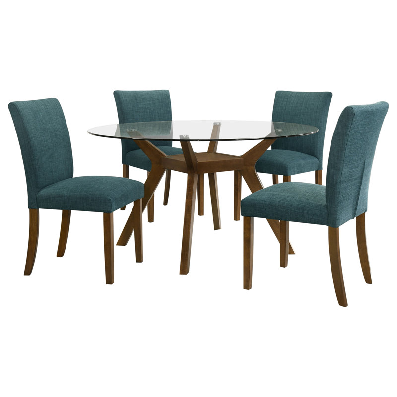 Ensemble de salle à manger Vittorino 5 pièces avec plateau rond en verre bleu sarcelle, Teal