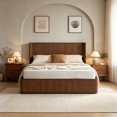 Queen Bed Modern Minimalist Walnut Fluted Platform Bed Frame, High Curved Headboard, No Box Spring Required