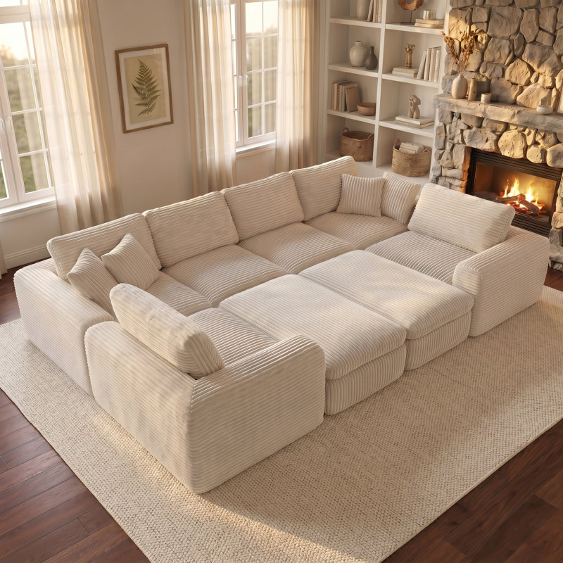 Canapé modulaire réversible en velours côtelé de 138,2 po de largeur 138,2 po, 8 pièces, canapé modulaire rembourré 8 pièces avec console et 2 repose-pieds, sans compression, sans assemblage requis