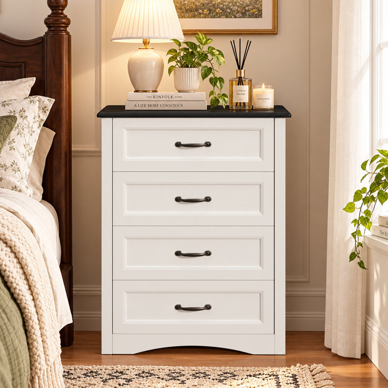 Commode 4 tiroirs en bois Ergica, H 31,5 po x l 26 po x P 15,7 po, Blanc/Noir