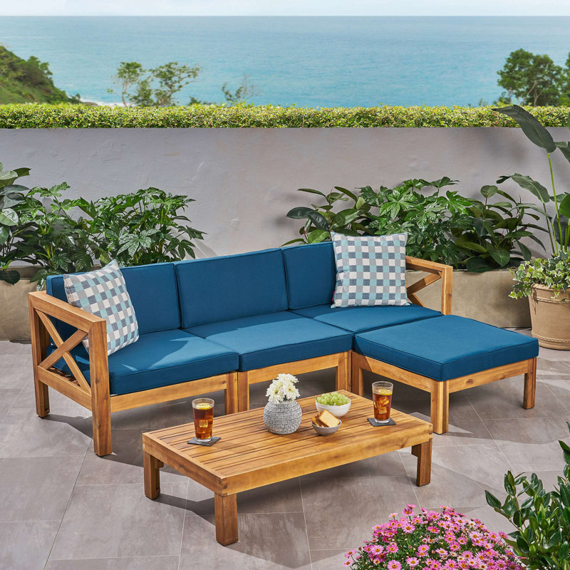 Ensemble de canapé Alcove Lhape, teck, Coussin bleu / structure en teck