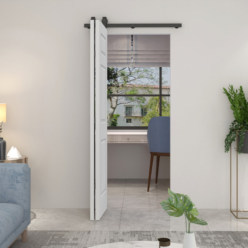 Primed White MDF Composite Bifold Barn Door with Black Hardware, 36" x 80"