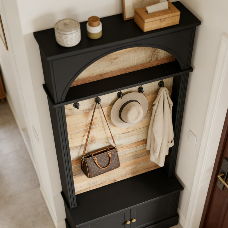Black Solid Wood Farmhouse Entryway Hall Tree with Storage Bench & Hooks | Rustic Reclaimed Wood Back Panel | Mudroom or Foyer Coat Rack Cabinet | Transitional Style
