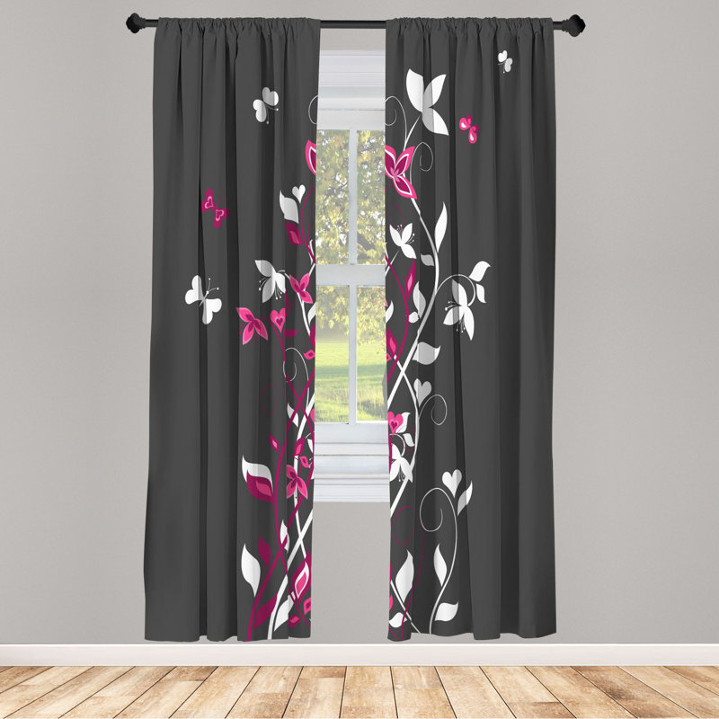 Microfiber Floral Semi-Sheer Rod Pocket Curtain Panels, 28" W x 84" L, White/Pink/Black