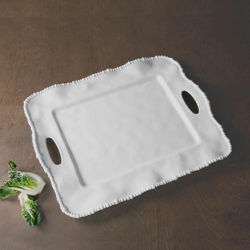 White Melamine Rectangular Tray with Handles and Pearl Rim