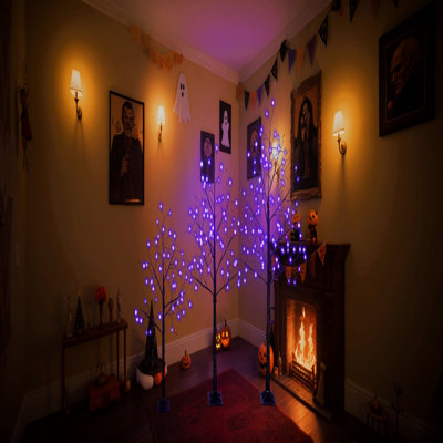 3 Pac Halloween Spooky Tree With Purple Lights, 4FT 5FT And 6FT, Lighted Black Tree For Halloween Decoration