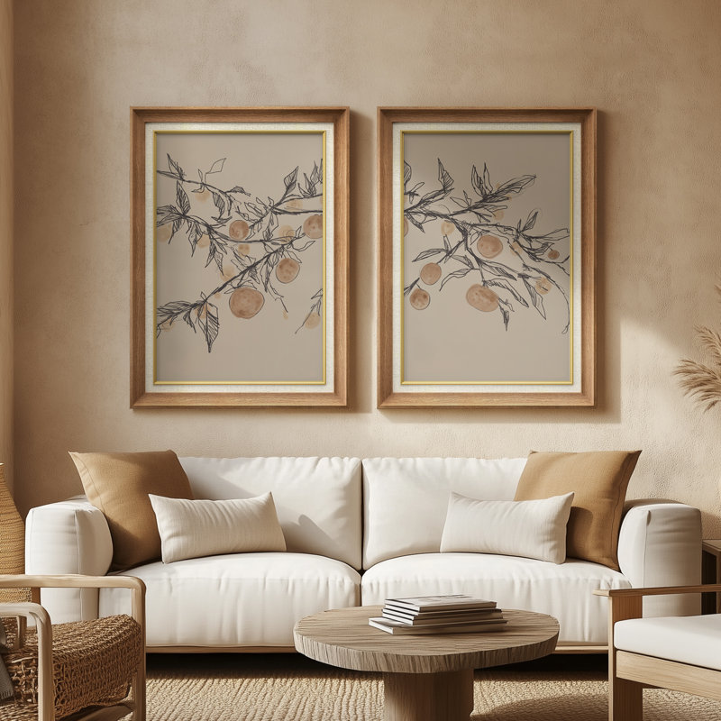 Décoration murale botanique minimaliste à motif de branches de pêche - ensemble de 2 reproductions d'art encadrées de qualité supérieure sur papier 26 po x 36 po