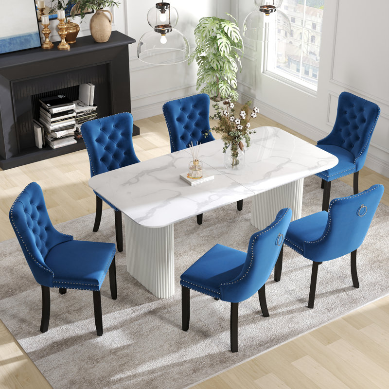 Ensemble de salle à manger rectangulaire à double piédestal avec table de salle à manger de style crème, Bleu, 7