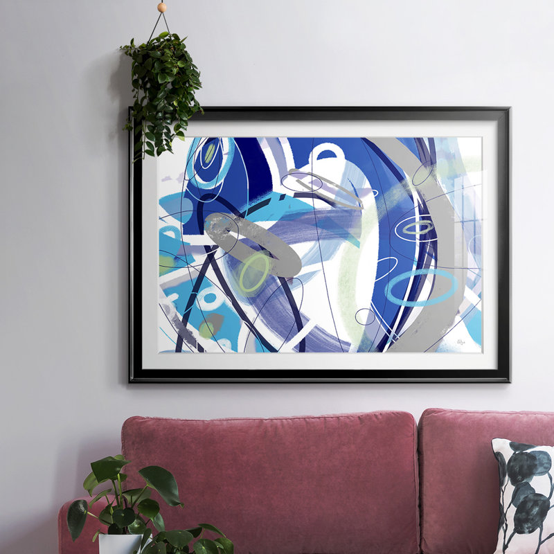 Impression encadrée bleue avec cadre biseauté et verre biseauté mat, H 30 po x l 44 po x P 1,5 po, Noir