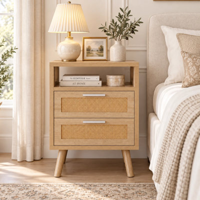 Modern Rattan Wood Nightstands with 2-Drawer and Open Shelf，Set of 2