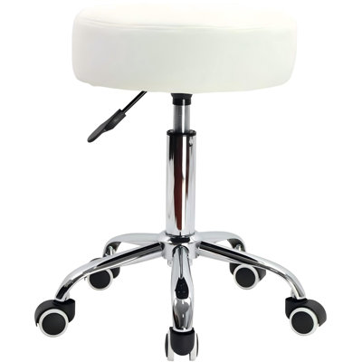 Round Rolling Stool Chair PU Leather Height Adjustable Shop Stool Swivel Drafting Work SPA Salon Stools with Wheels Office Chair (White)
