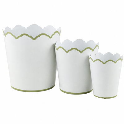 White & Soft Green Scalloped Bucket Wastepaper Basket & Planter, Large