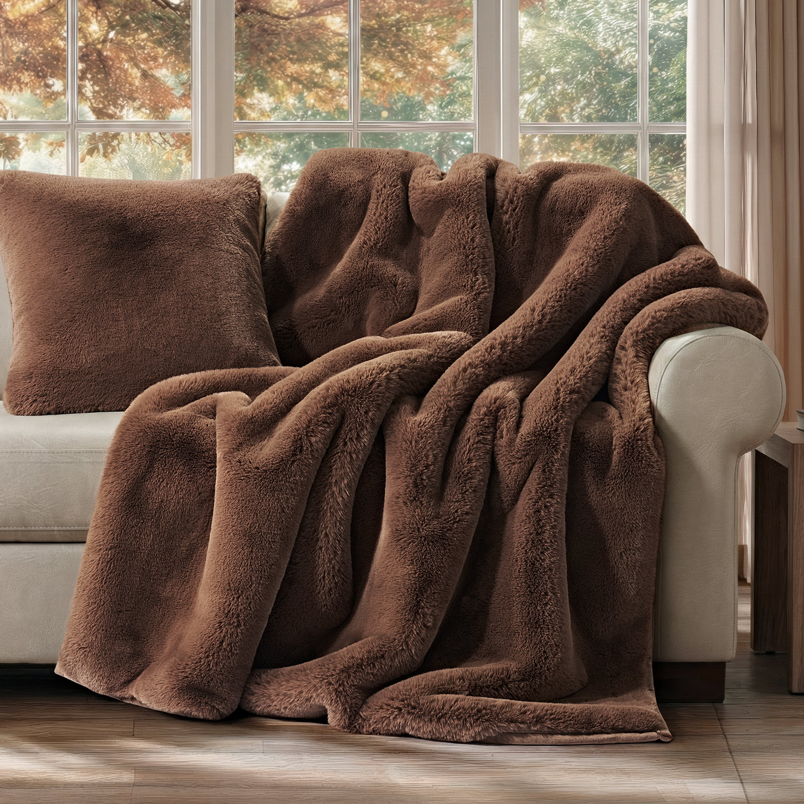 Chinchilla Faux Fur Throw Blanket, 80" L x 60" W, Chestnut Mink