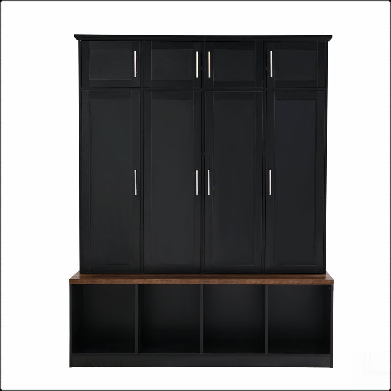 Multi-Functional Hall Tree with 4 Hidden Hanging Hooks, Wood Grain Bench, Black