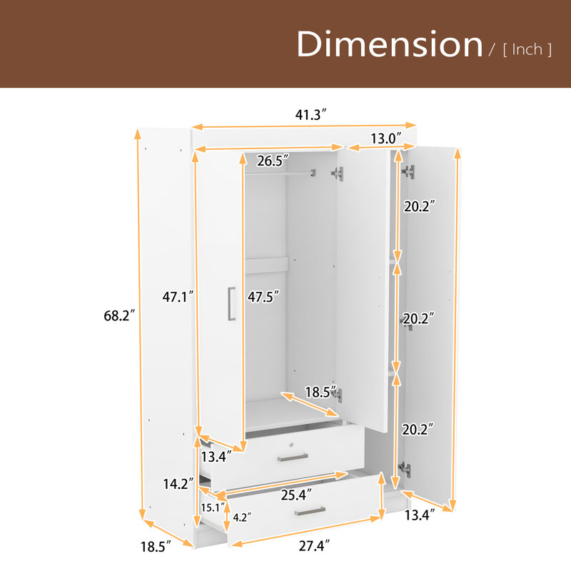 Armoire 3 portes avec 2 tiroirs, Blanc