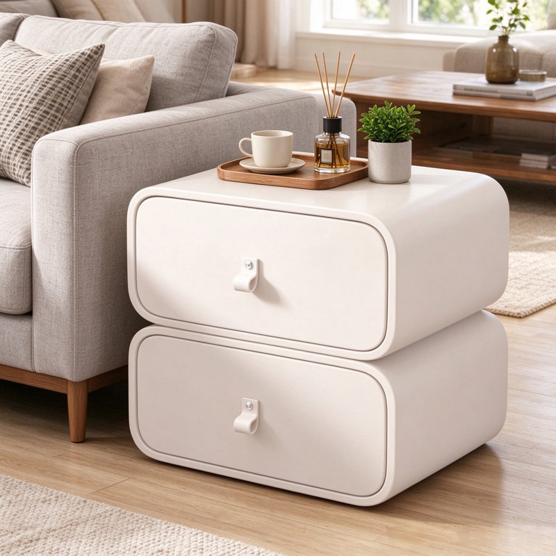 19.7-inch Modern Minimalist Nightstand, Solid Wood Rectangular Bedside Table with Leather Drawer and Rounded Corners, No Assembly Required