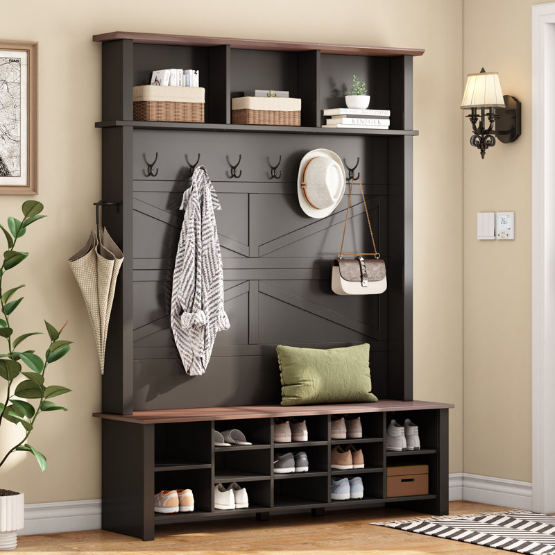 Hall Tree 56.3" Wide With Bench And Shoe Storage, Black