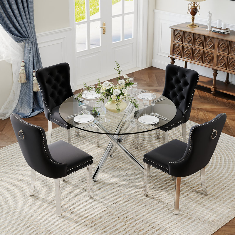 5-Piece Modern Round Pedestal Dining Set with Velvet Tufted Dining Chair for Dining Room and Living Room, Black, Silver