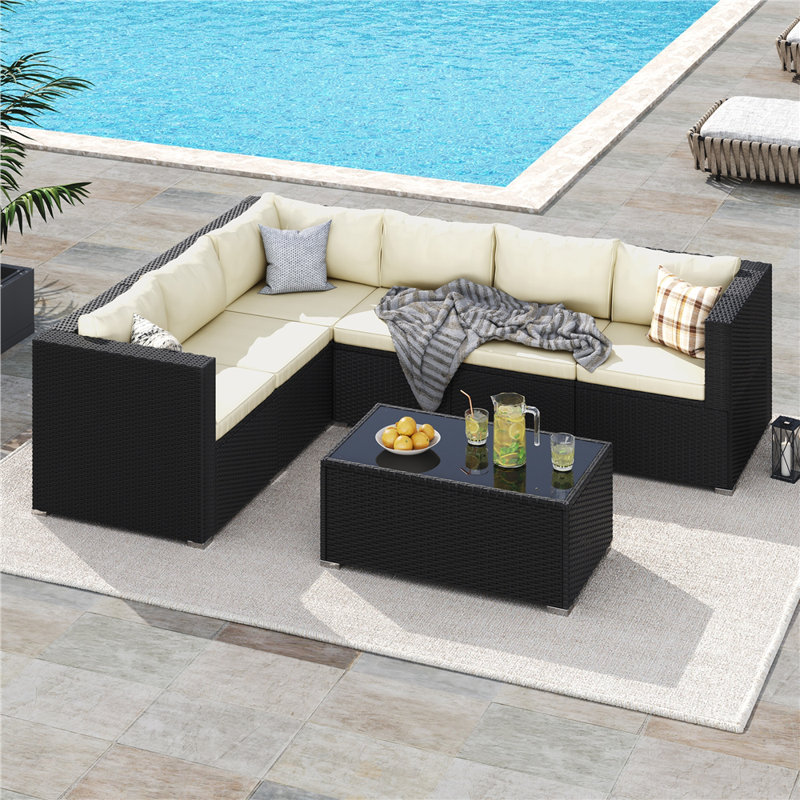  7-Piece Modular PE Rattan Patio Furniture ，6-Seat  Outdoor Sectional Sofa Set with Thick Cushions, Black/Beige
