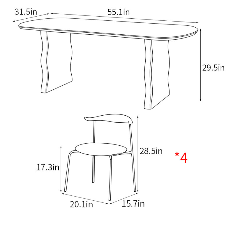 Ensemble de table de salle à manger de style français, H 29,5 po x L 55,1 po x l 31,5 po