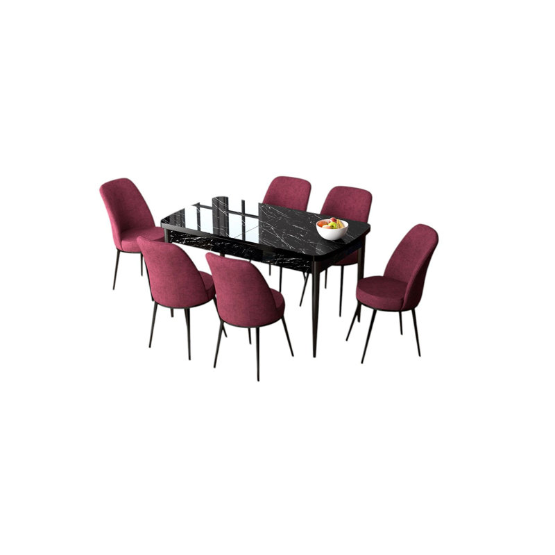 Modern Extendable Dining Table & Chairs Set (7 Pieces), Black Marble & Burgundy | 100% MDF with Metal Legs | Table: 51.2 x 30.7 x 31.0 in, Extends to 66.9 in | Chairs: 17.7 x 35.8 x 16.5 in, Comfortable Foam Seating, Stylish Design