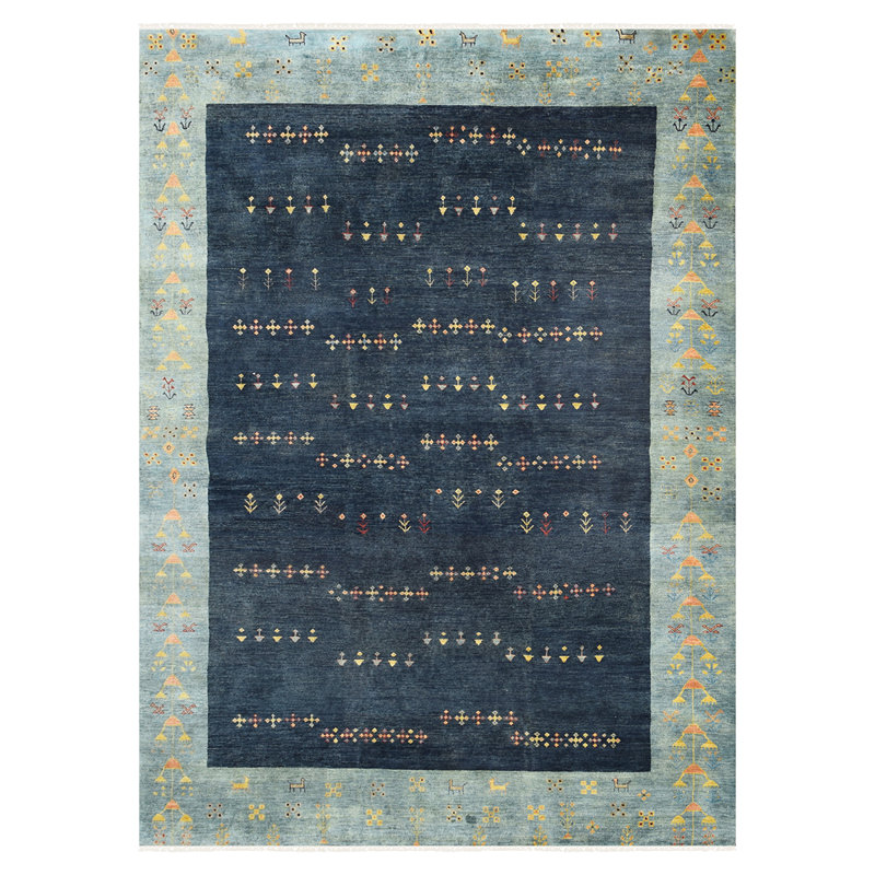 Tapis bleu / vert / jaune noué à la main de haute qualité, Rectangle 9 pi x 12 pi