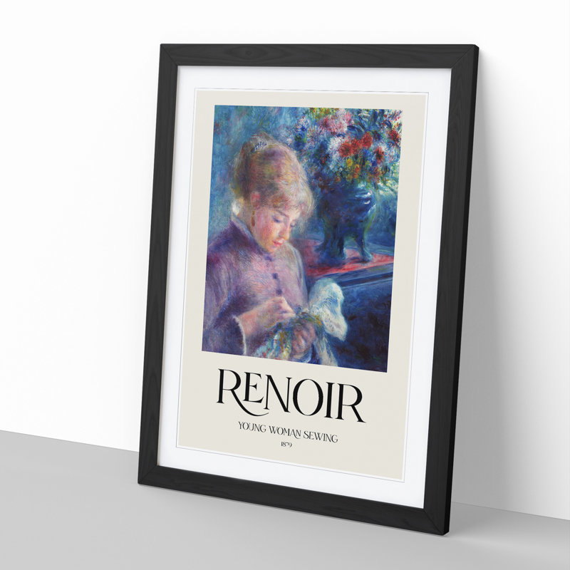 Young Woman Sewing by Pierre-Auguste Renoir - Picture Frame Painting, 36cm H x 27cm W x 2cm D, Black Framed