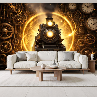 Peel and Stick Wallpaper Steampunk Golden Train Intricate Gears Cogs Factory Steampunk Wall Murals 69"H x 96"W Removable PVC Wall Paper Self-Adhesive Wall Decor for Bedroom Living Room Home Office