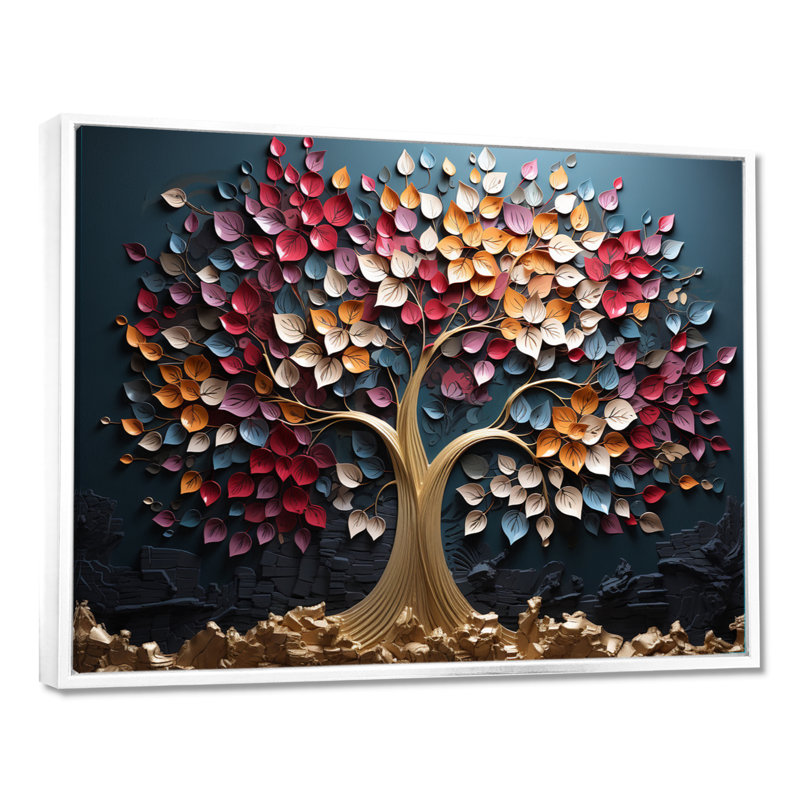 Arbre doré rose et bleu sur fond bleu - Art mural arbre, H 34 po x l 44 po x P 1,5 po, Cadre flottant blanc
