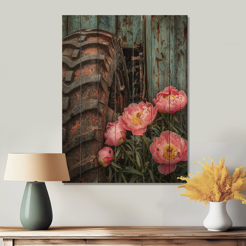 Peonies By The Old Tractor I - Peonies Wood Print - On Natural Pine Wood, 44" H x 34" W x 0.78" D