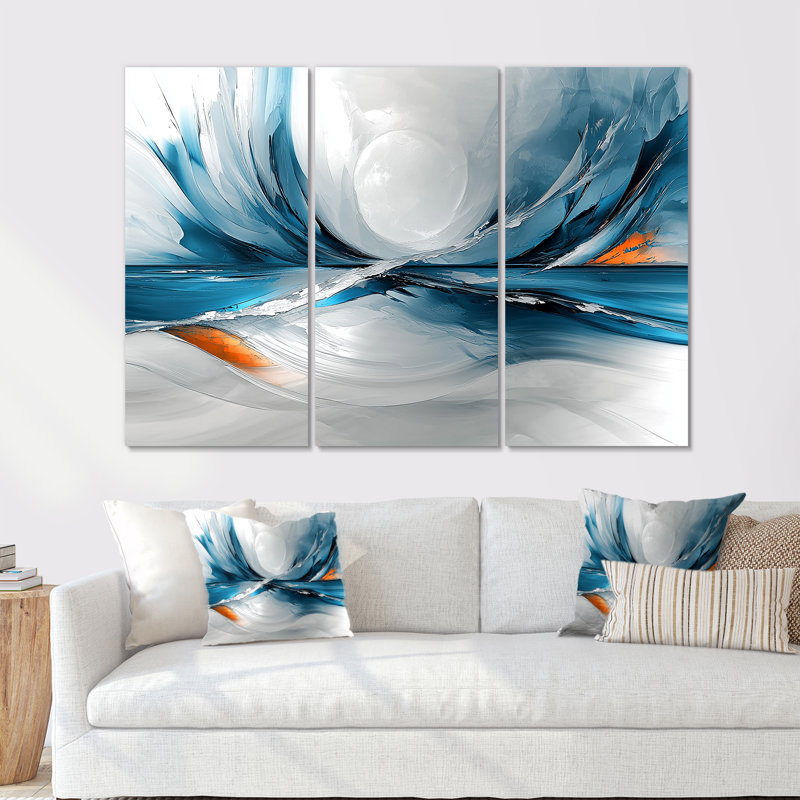 Tourbillon abstrait dans des tons de bleu et d'orange II - ensemble de reproductions d'art mural abstrait, Métal métal